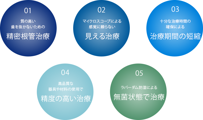 日本顕微鏡歯科学会認定医による質の高い歯を抜かない治療、マイクロスコープによる診断治療、治療期間の短縮、高品質な器具・材料による精度の高い治療、ラバーダム防湿による無菌状態治療を紹介する5つの丸いアイコンデザイン